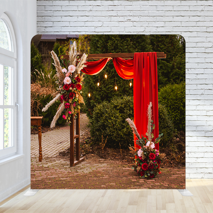 8X8 Pillowcase Tension Backdrop - Red Curtain with Flowers