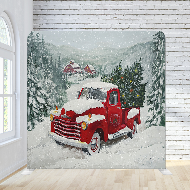 8X8 Pillowcase Tension Backdrop - Holiday Snow Truck W/ Trees