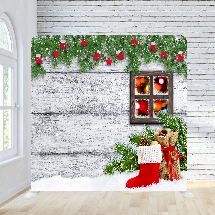 8X8 Pillowcase Tension Backdrop -Holiday Stockings w/ Mistletoe
