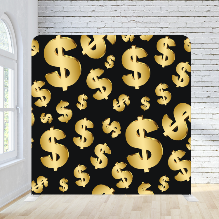 8X8 Pillowcase Tension Backdrop - Black and Gold Money Signs