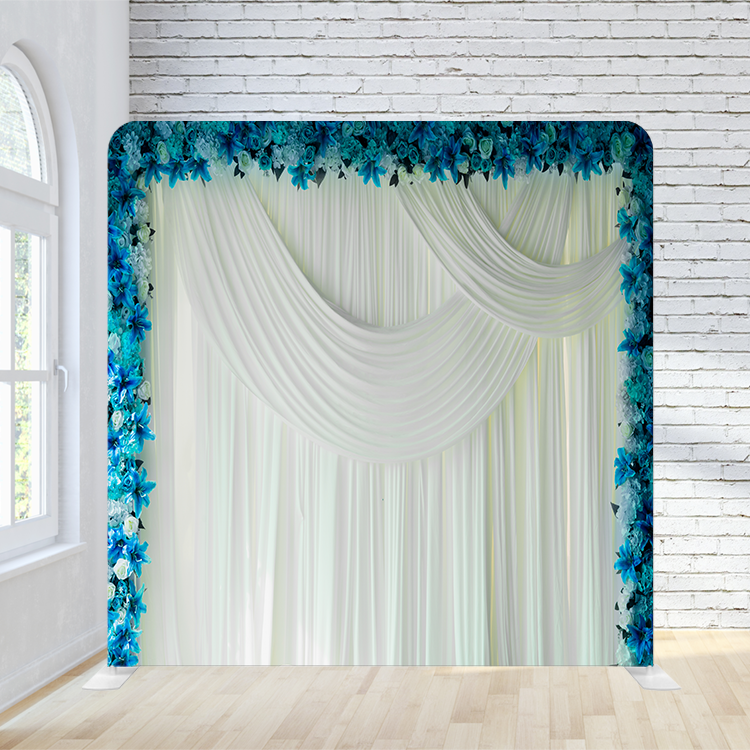 8X8 Pillowcase Tension Backdrop - Elegant White w/ Blue Flowers