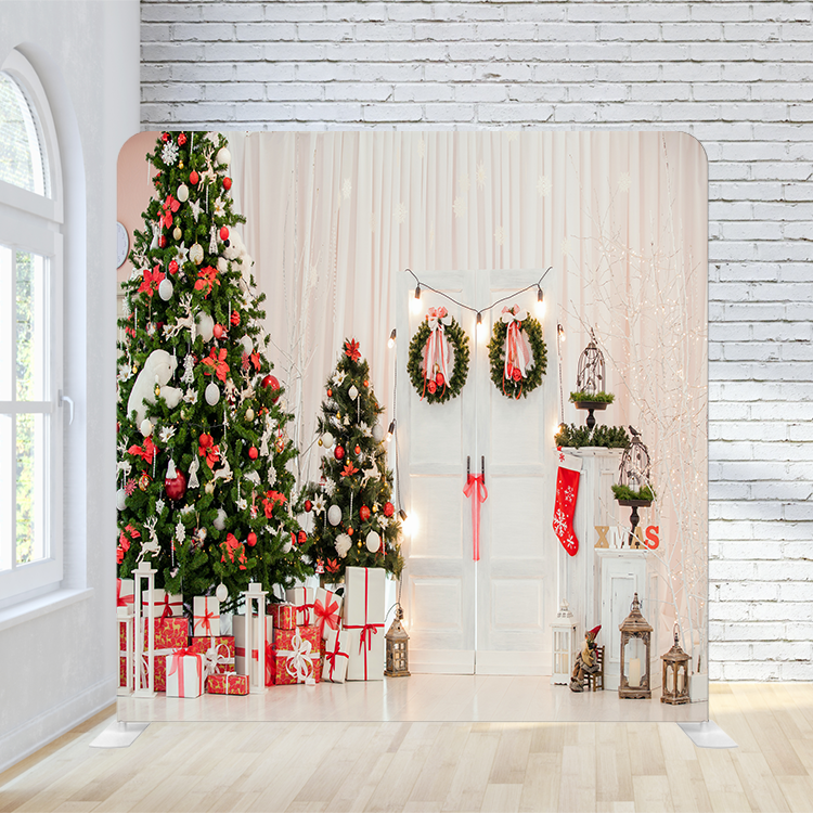 8X8 Pillowcase Tension Backdrop - Basic White and Red Christmas Tree Holiday