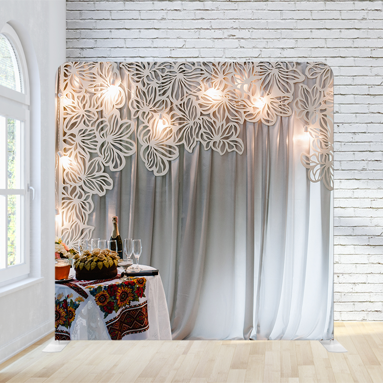 8X8 Pillowcase Tension Backdrop - 2D Flowers w/ White Curtain