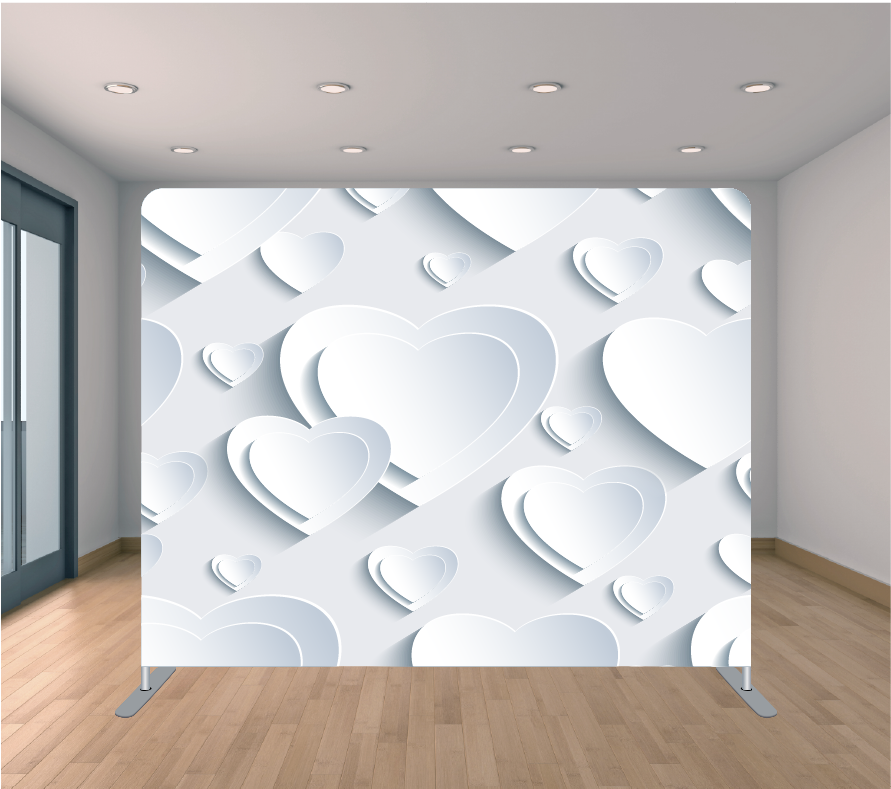 8X8ft Pillowcase Tension Backdrop- 3D White Hearts