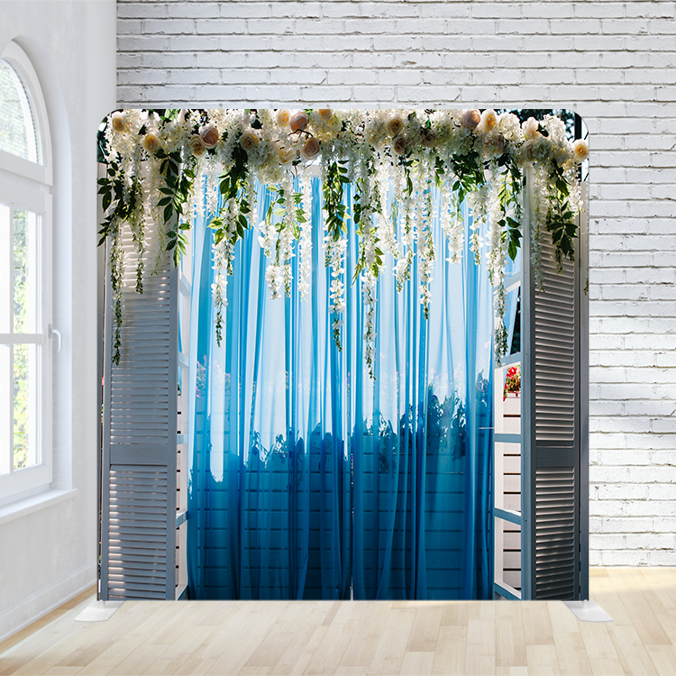 8X8 Pillowcase Tension Backdrop - Blue Curtain w/ White Roses