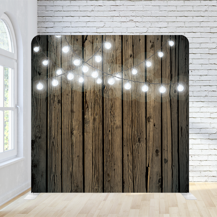 8X8 Pillowcase Tension Backdrop - Wood with White Lights