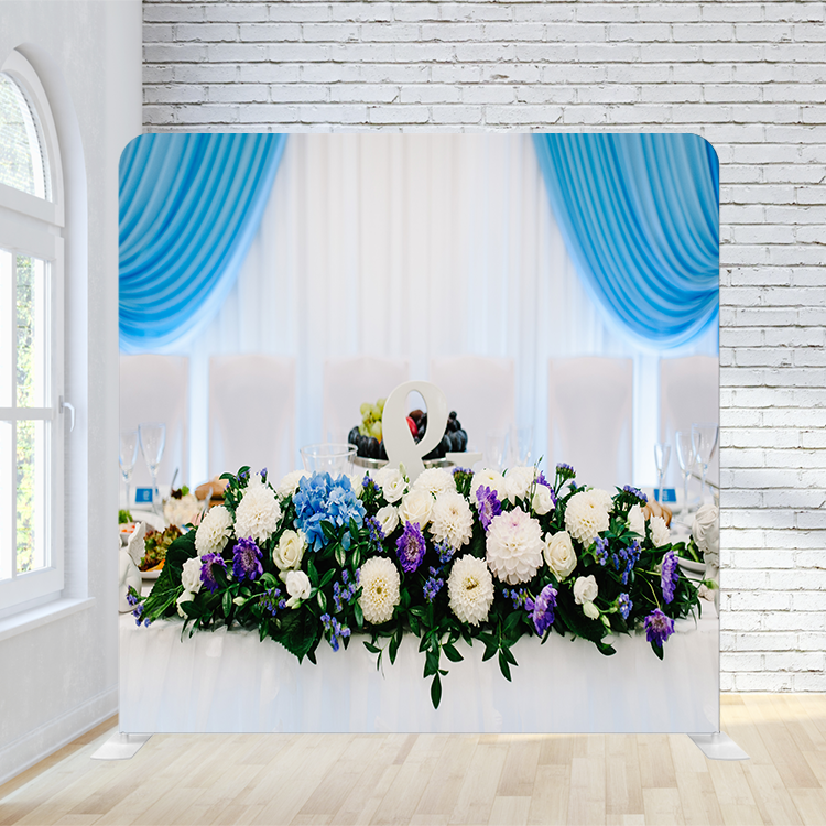 8X8 Pillowcase Tension Backdrop - Heaven Blue Curtains w/ Flowers