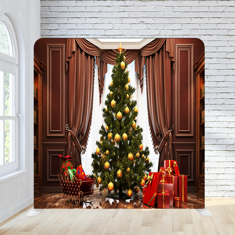 8X8 Pillowcase Tension Backdrop - Christmas Tree w/ Yellow Ornaments ( Holiday )