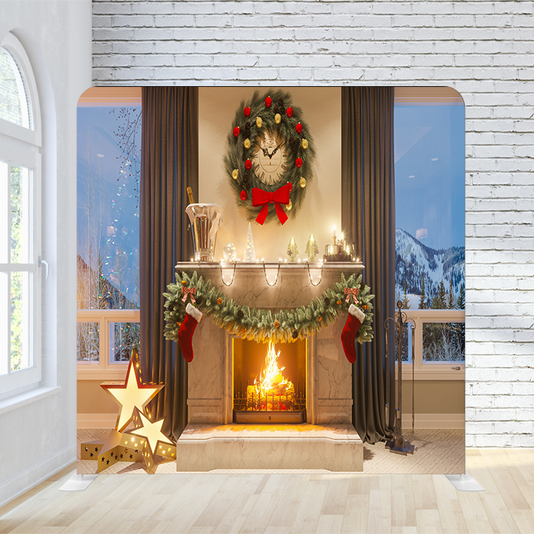 8X8 Pillowcase Tension Backdrop - Elegant Fireplace ( Holiday )