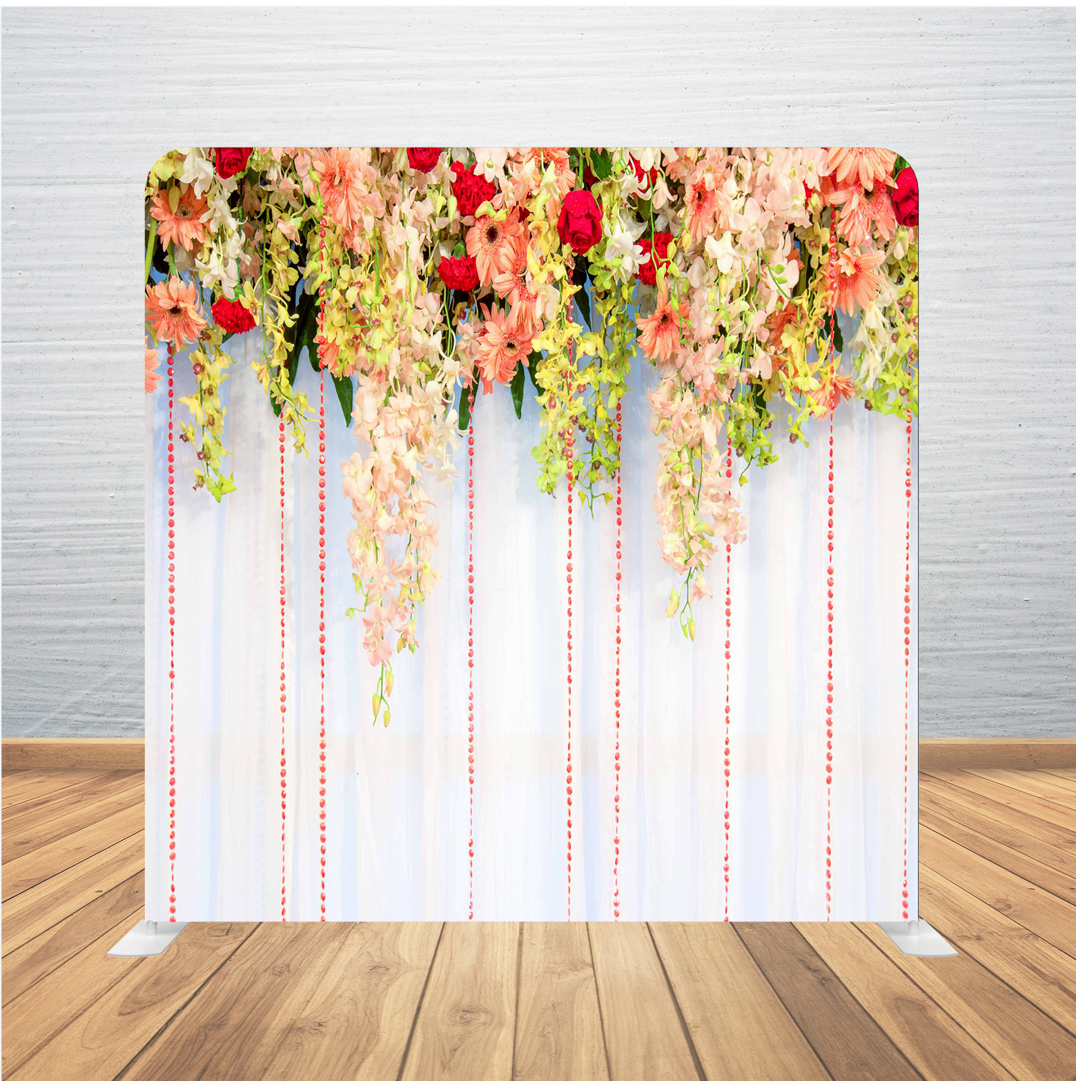 8X8 Pillowcase Tension Backdrop- Peach Flowers with Light Wood