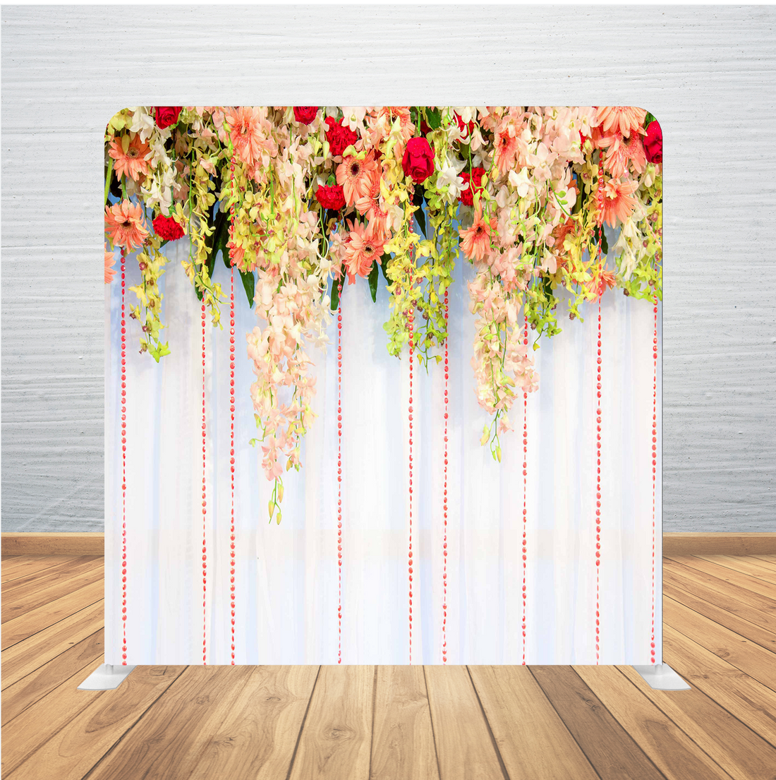 8X8 Pillowcase Tension Backdrop- Peach Flowers with Light Wood