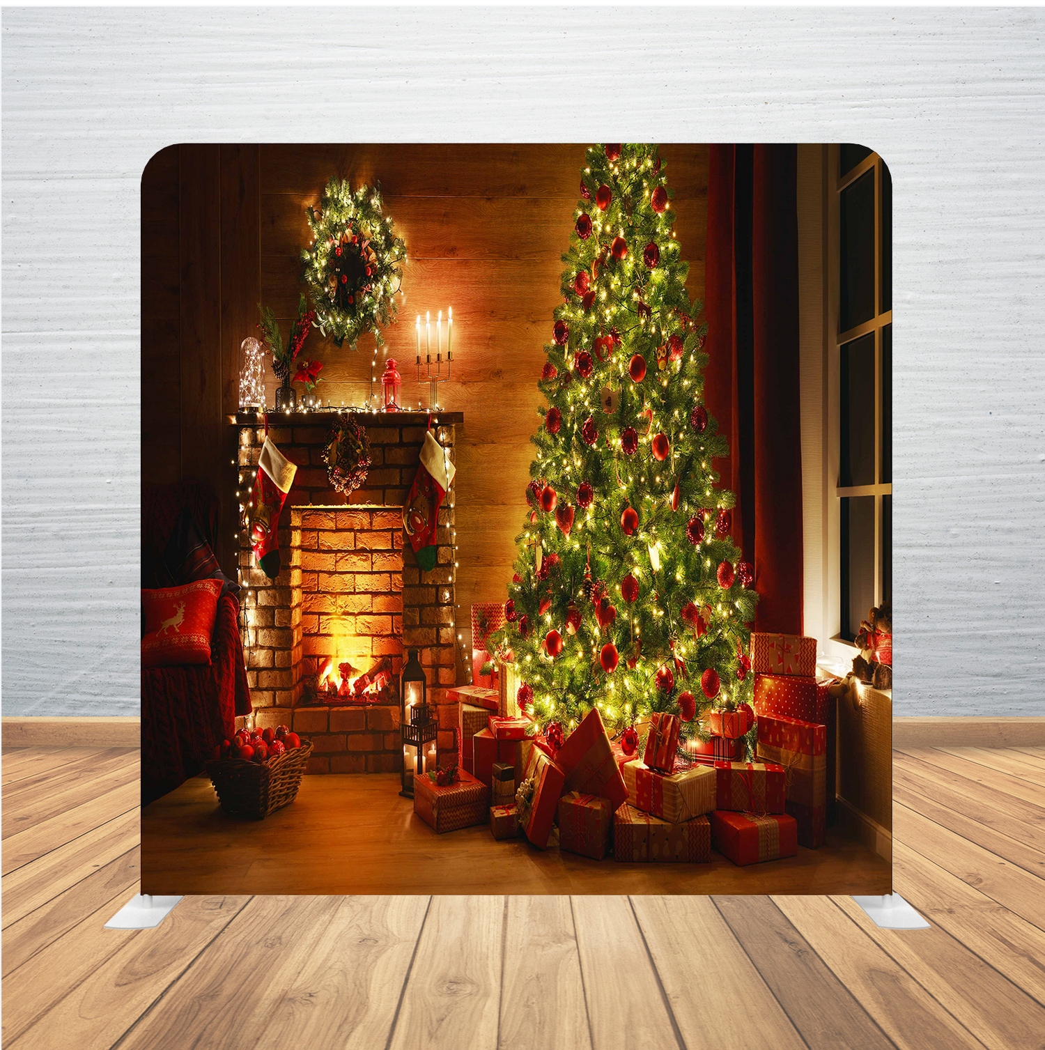 8X8 Pillowcase Tension Backdrop- Christmas Tree with Fireplace