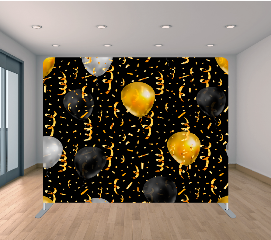 8X8ft Pillowcase Tension Backdrop- Black and Gold Balloons