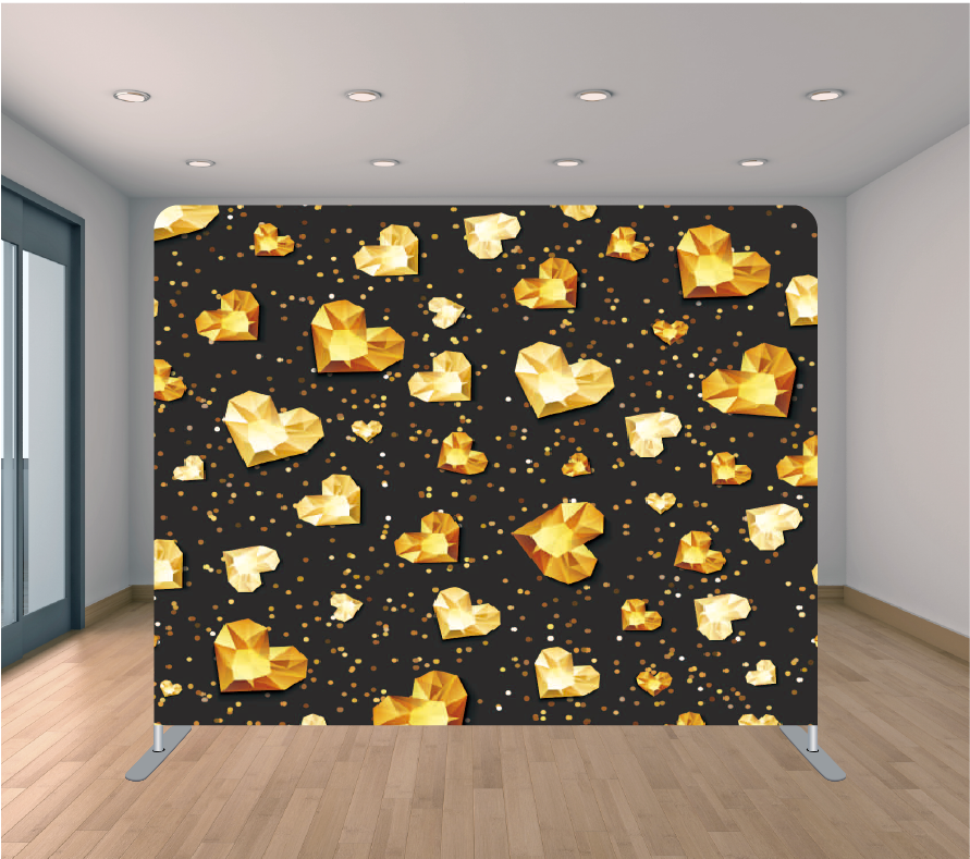 8X8ft Pillowcase Tension Backdrop- Black and Gold Hearts