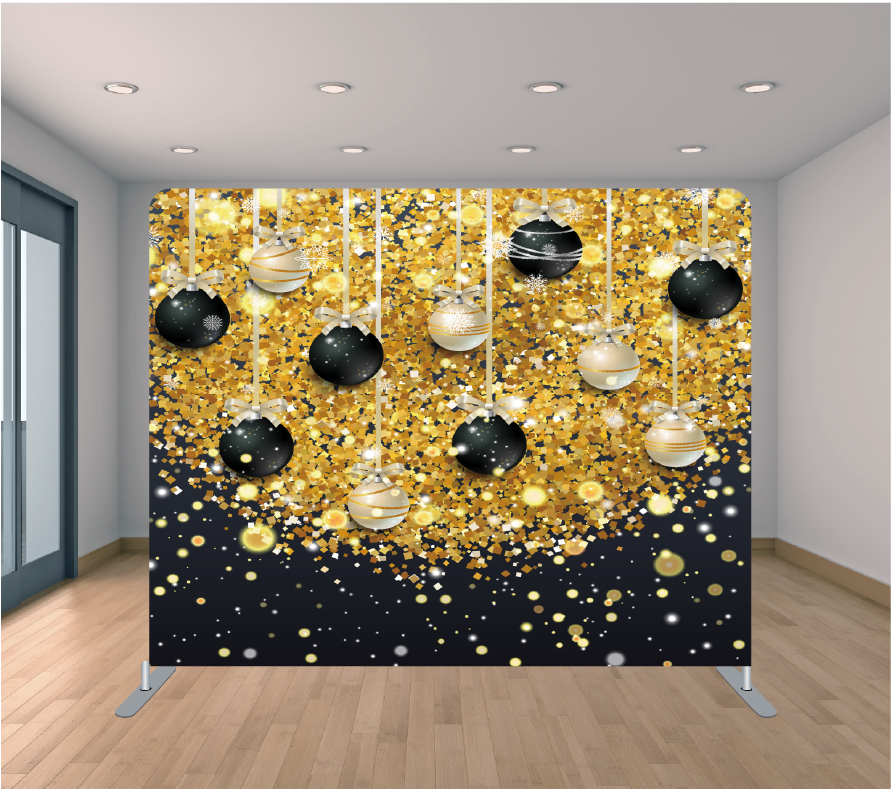 8X8ft Pillowcase Tension Backdrop- Black and Gold Ornaments