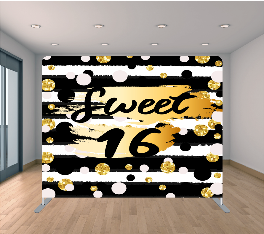 8x8ft Pillowcase Tension Backdrop- Black and Gold Sweet 16