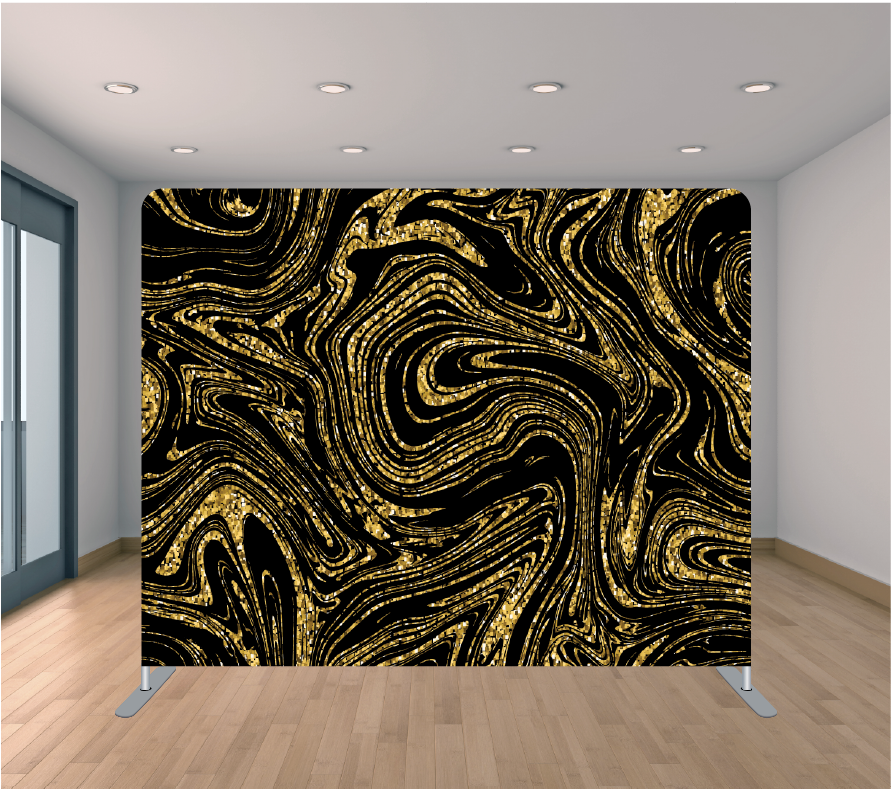 8X8ft Pillowcase Tension Backdrop- Black and Gold Swirl