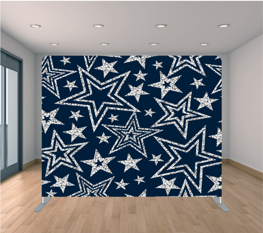 8X8ft Pillowcase Tension Backdrop- Blue with Silver Stars