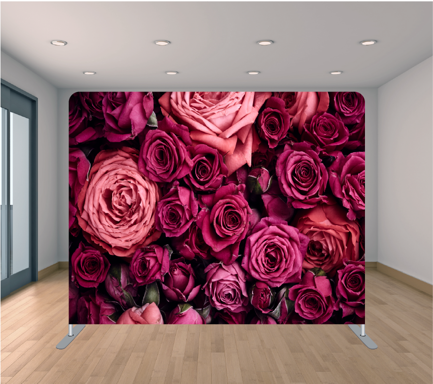 8X8ft Pillowcase Tension Backdrop- Dark Pink Roses