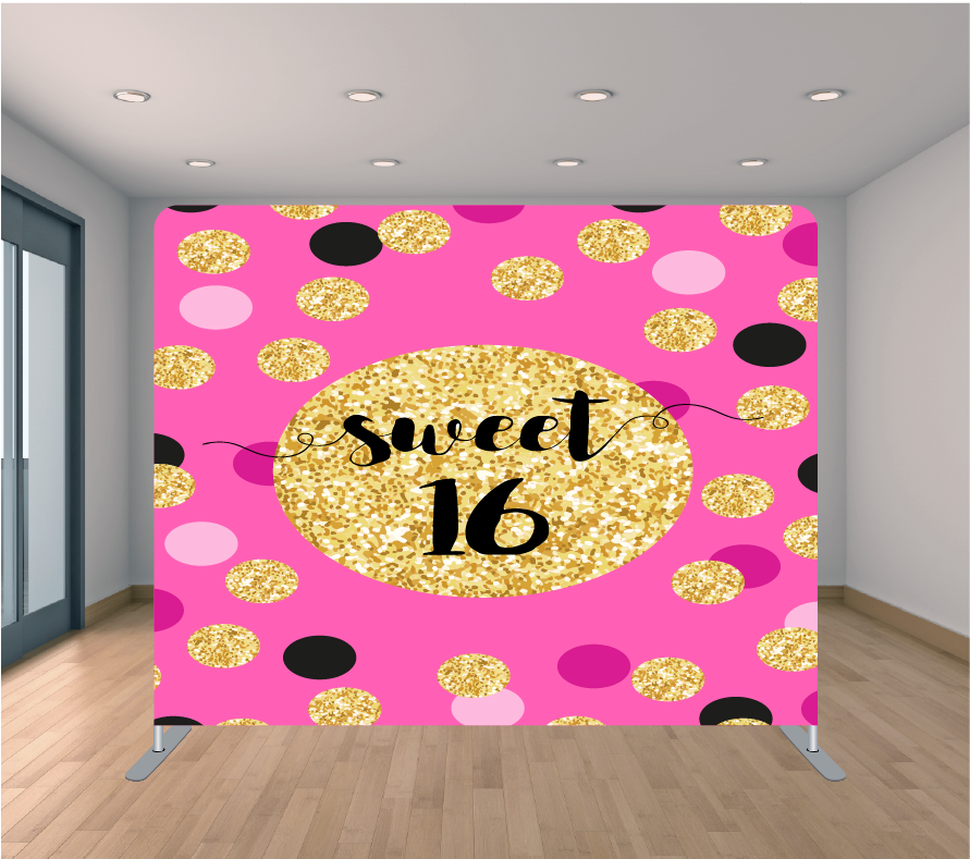 8x8ft Pillowcase Tension Backdrop- Gold Glitter Sweet 16