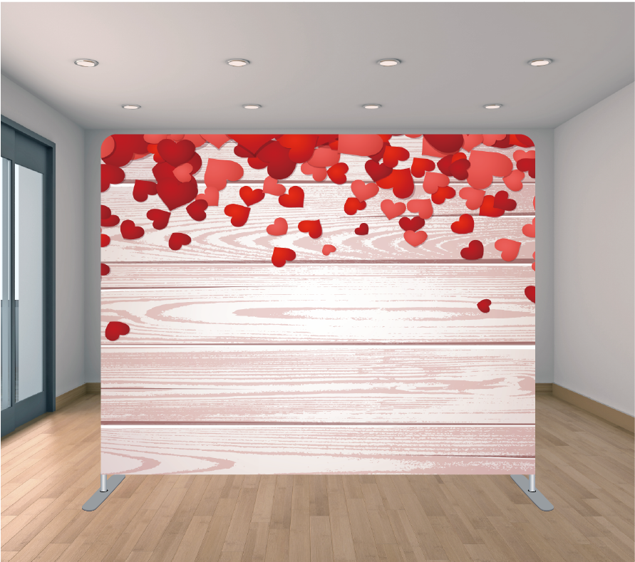 8x8ft Pillowcase Tension Backdrop- Mini Red Hearts Wood