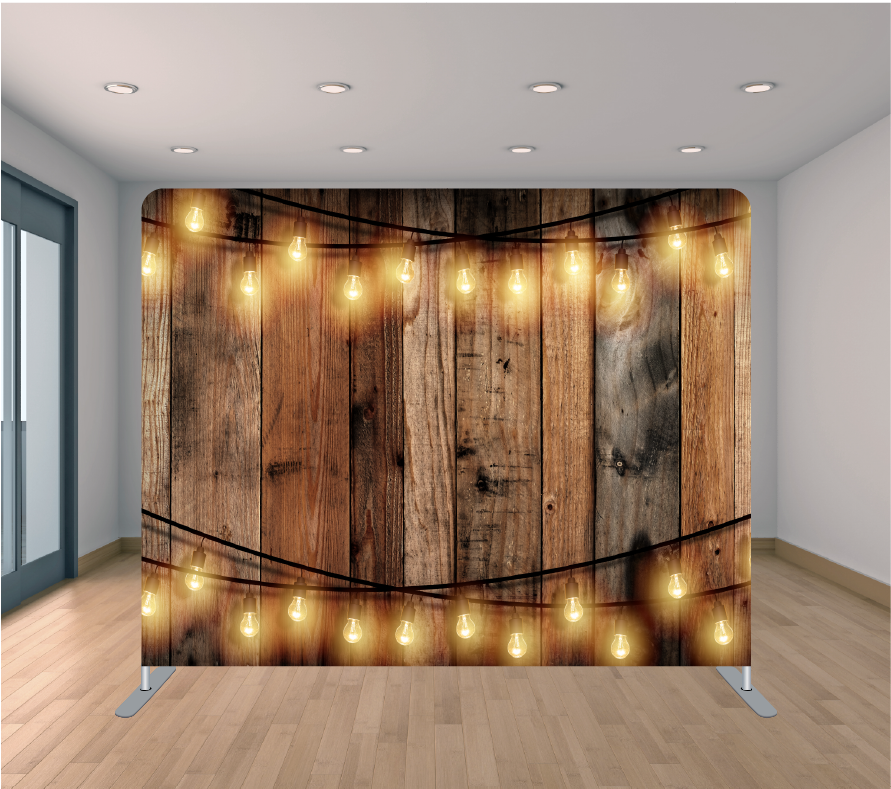 8X8ft Pillowcase Tension Backdrop- Multi Wood with String Lights