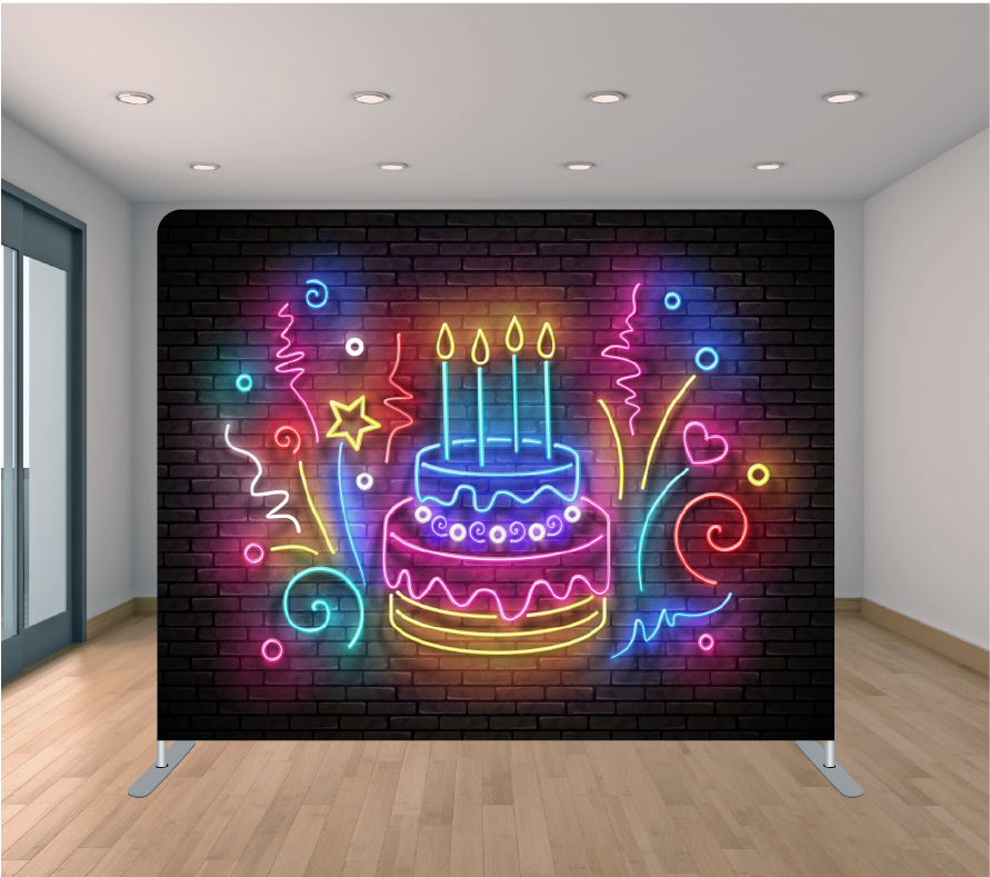 8X8ft Pillowcase Tension Backdrop- Neon Birthday Cake