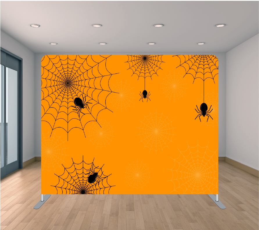 8X8ft Pillowcase Tension Backdrop- Orange and Black Webs (Halloween)