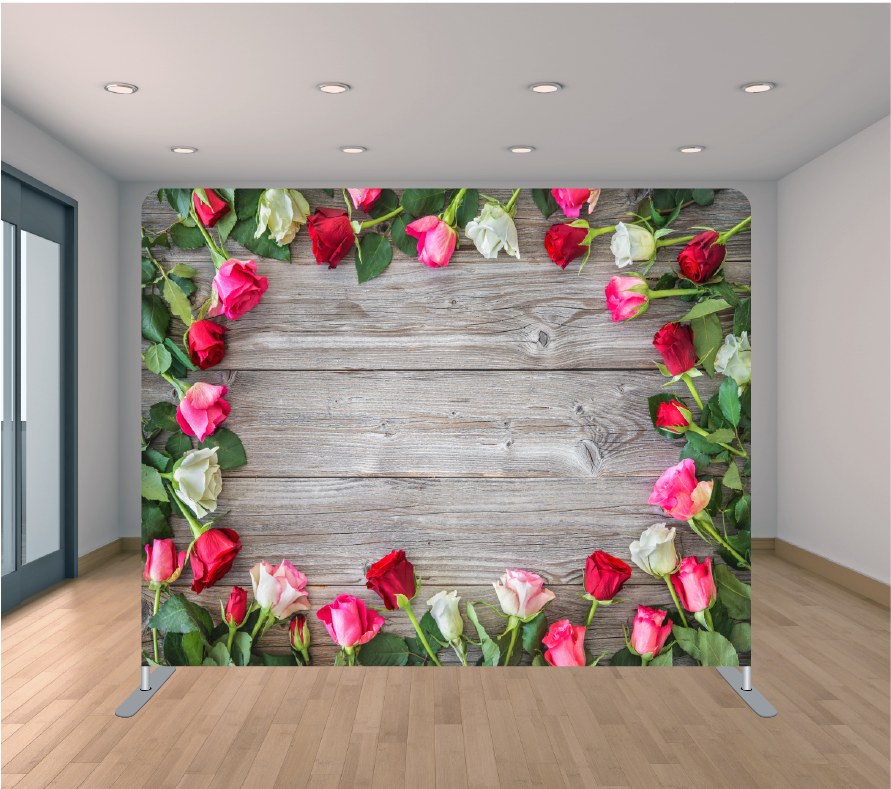 8X8ft Pillowcase Tension Backdrop- Roses Around Wood