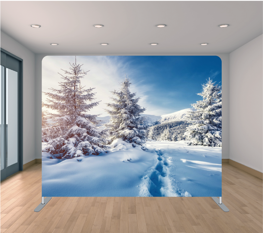 8X8ft Pillowcase Tension Backdrop- Snow Trail (Holiday)