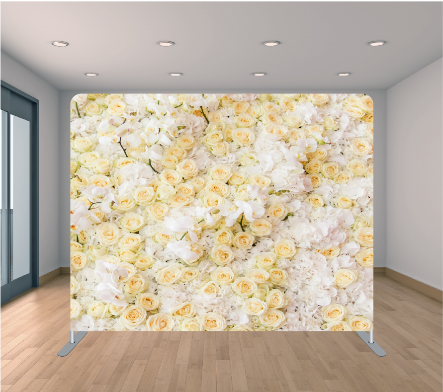 8X8ft Pillowcase Tension Backdrop- White and Peach Roses