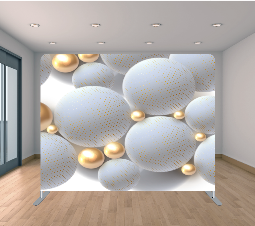 8X8 Pillowcase Tension Backdrop- White and Gold Circular Balls