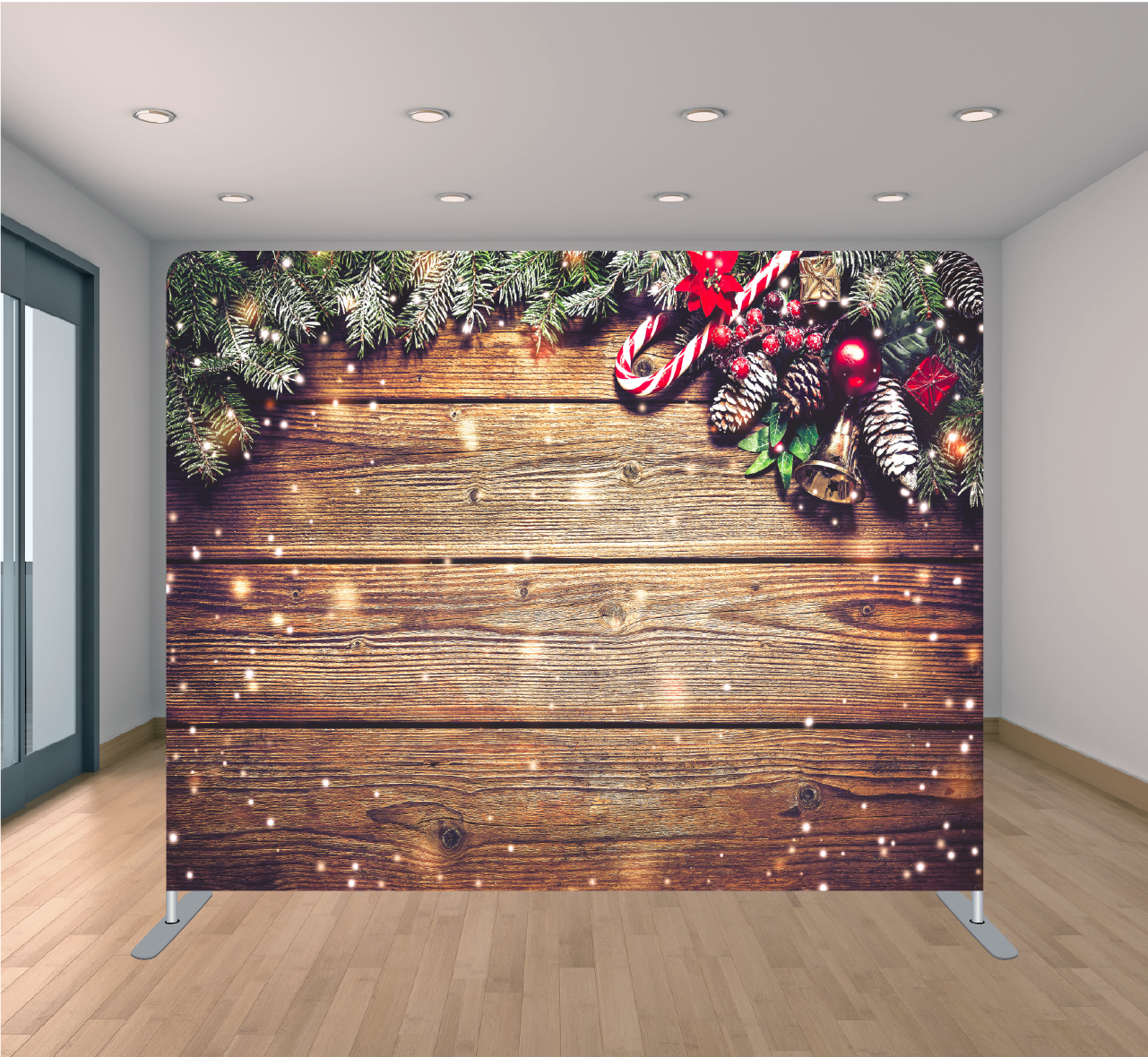 8x8ft Pillowcase Tension Backdrop- Wood w/ Ornaments (Holiday)
