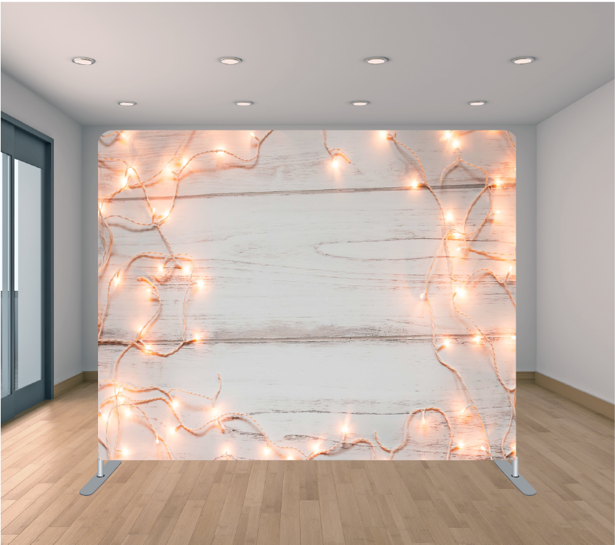 8x8ft Pillowcase Tension Backdrop- Wooden Christmas Lights